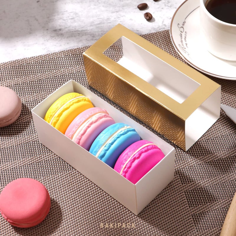 BAKIPACK 30 Macaron Boxes for 4 or 5 Macarons Gold Macaron Gift Boxes  Candy Gift Boxes  Macarons Box with Clear Window (Interior Measurement 4.8"" x 1.9"" x 1.9"" without Macaron inside) - Image 3
